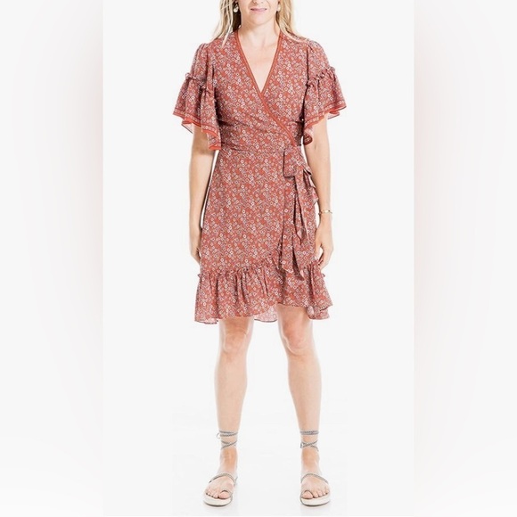 🆕 Max Studio Women's Crepe Ruffle Sleeve Wrap Short Dress Size Small - Picture 1 of 7